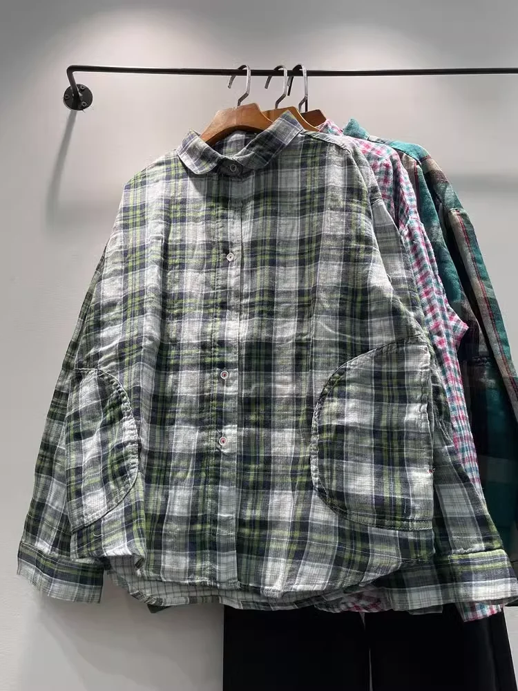 

2025 Women's plaid shirt plus size tops cotton yarn chic long sleeve check shirts for women Japan style loose tops