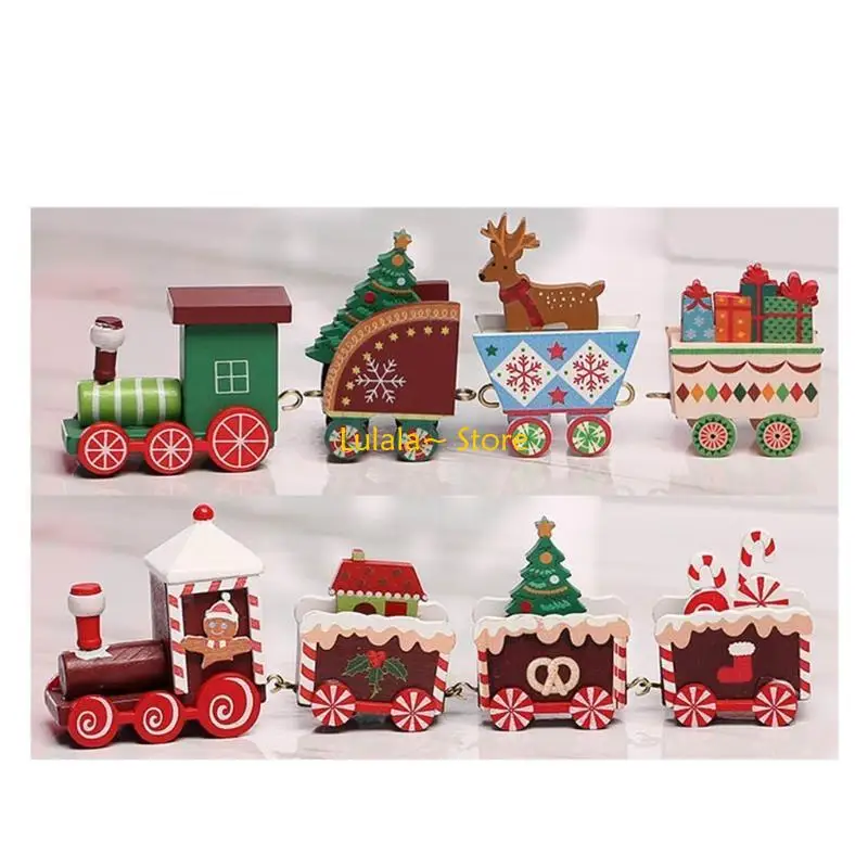 Y4QA รถไฟไม้ของเล่นสำหรับเด็ก, Snowman หมีรถไฟไม้รถม้าชุดรถไฟสำหรับเด็กคริสต์มาสปีใหม่ของขวัญ