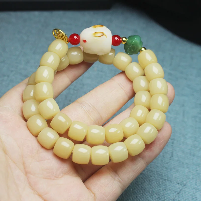 White Jade Bodhi Straight Cut Barrel Beads Double-Layer Bracelet White Rabbit Style Men's and Women's Rosary CraftsDIYFactory Wh