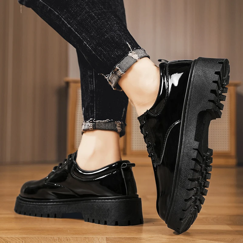 Schwarze Herren-Freizeitschuhe aus Lackleder, Plateau-Schnürschuhe, Business-Schuhe, Büro-Arbeitsschuhe, Party-, Hochzeits- und formelle Schuhe – Detail 17