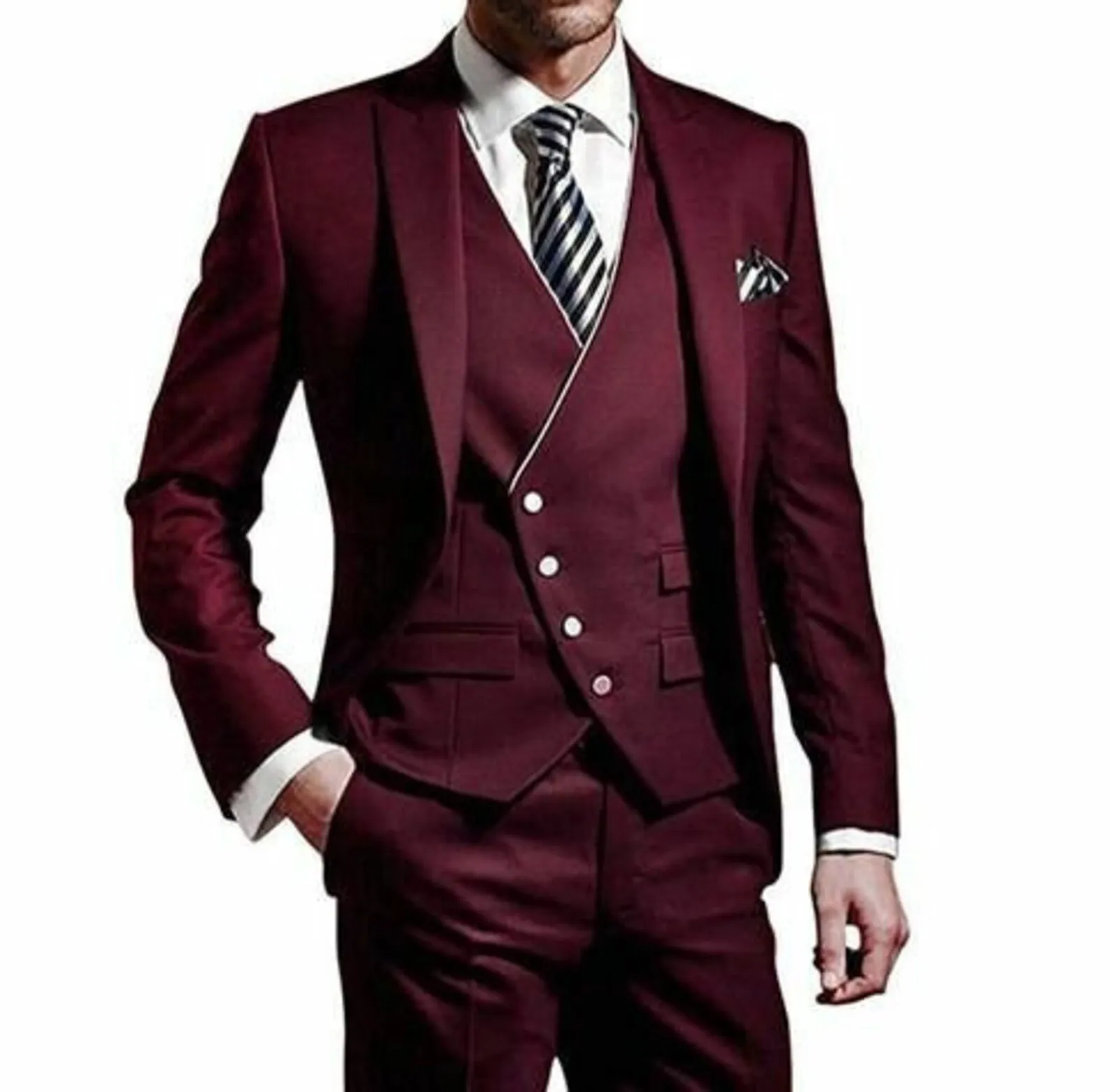 

Peak Lapel Slim Men Suits Burgundy Vintage Male Blazer Boutique Custom Fashion Three Pieces (Jacket+Pants+Vest) Trajes De Hombre