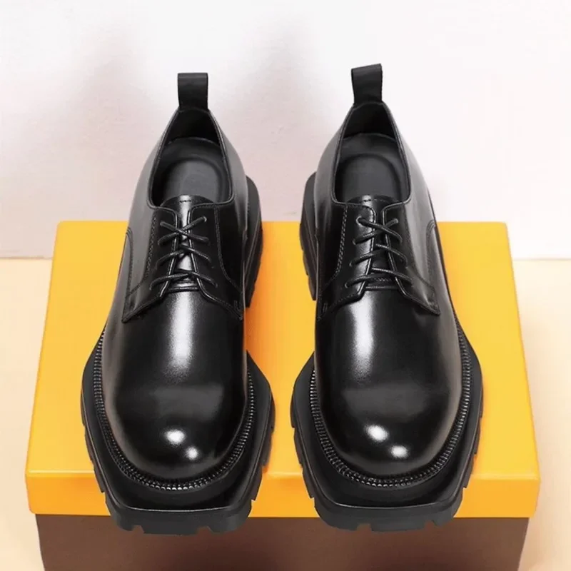 Luxury Fashion Men Business Dress Shoes Genuine Leather Thick Sole High-end Brogue Shoes Lace-up Wedding Derby Shoes