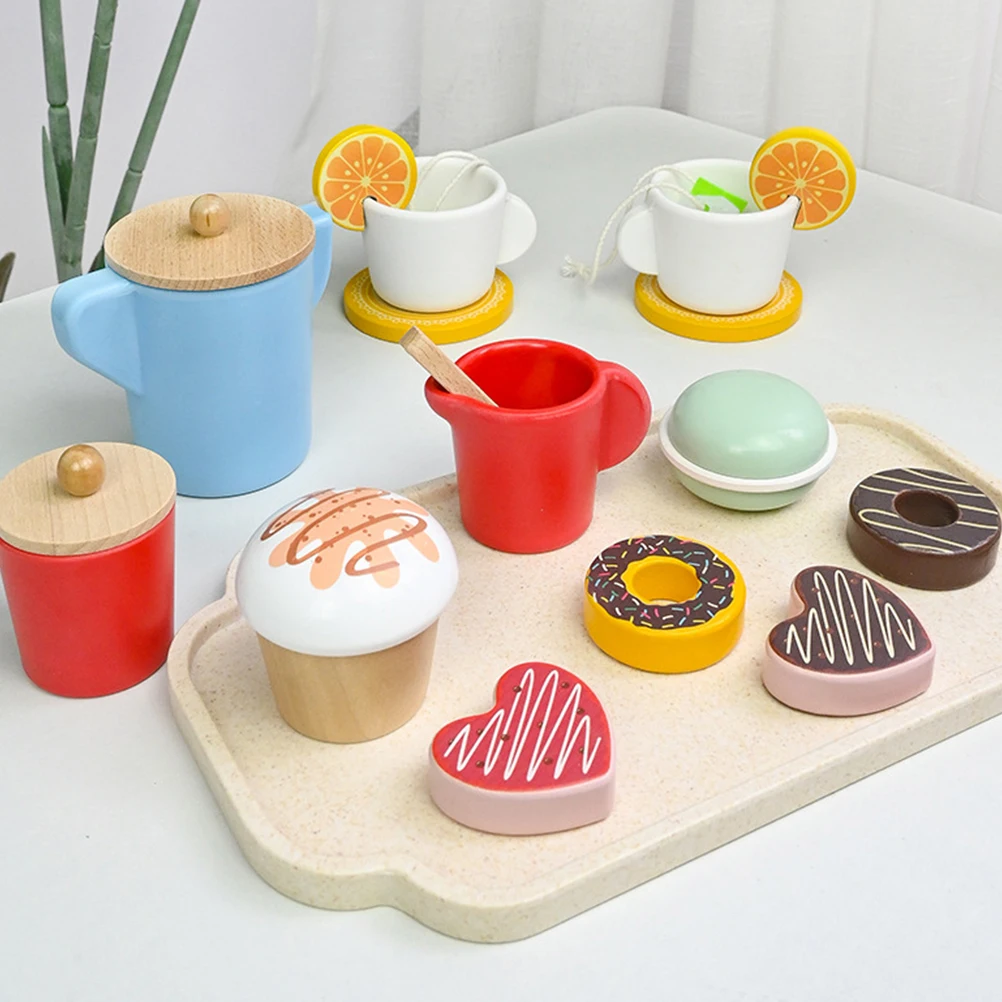 

Simulated Tea Set Kids Wooden Toys Pretend Play Afternoon Tea Toy Mini Dessert Set Children Early