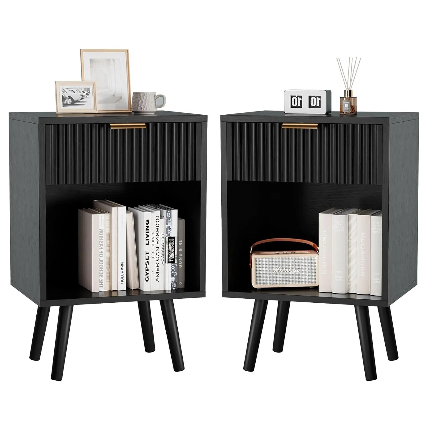 

Прикроватные тумбочки в стиле Mid-Century Modern, комплект из 2 штук, с рифленым выдвижным ящиком, открытой полкой, золотистыми ручками, из массива дерева, на заказ