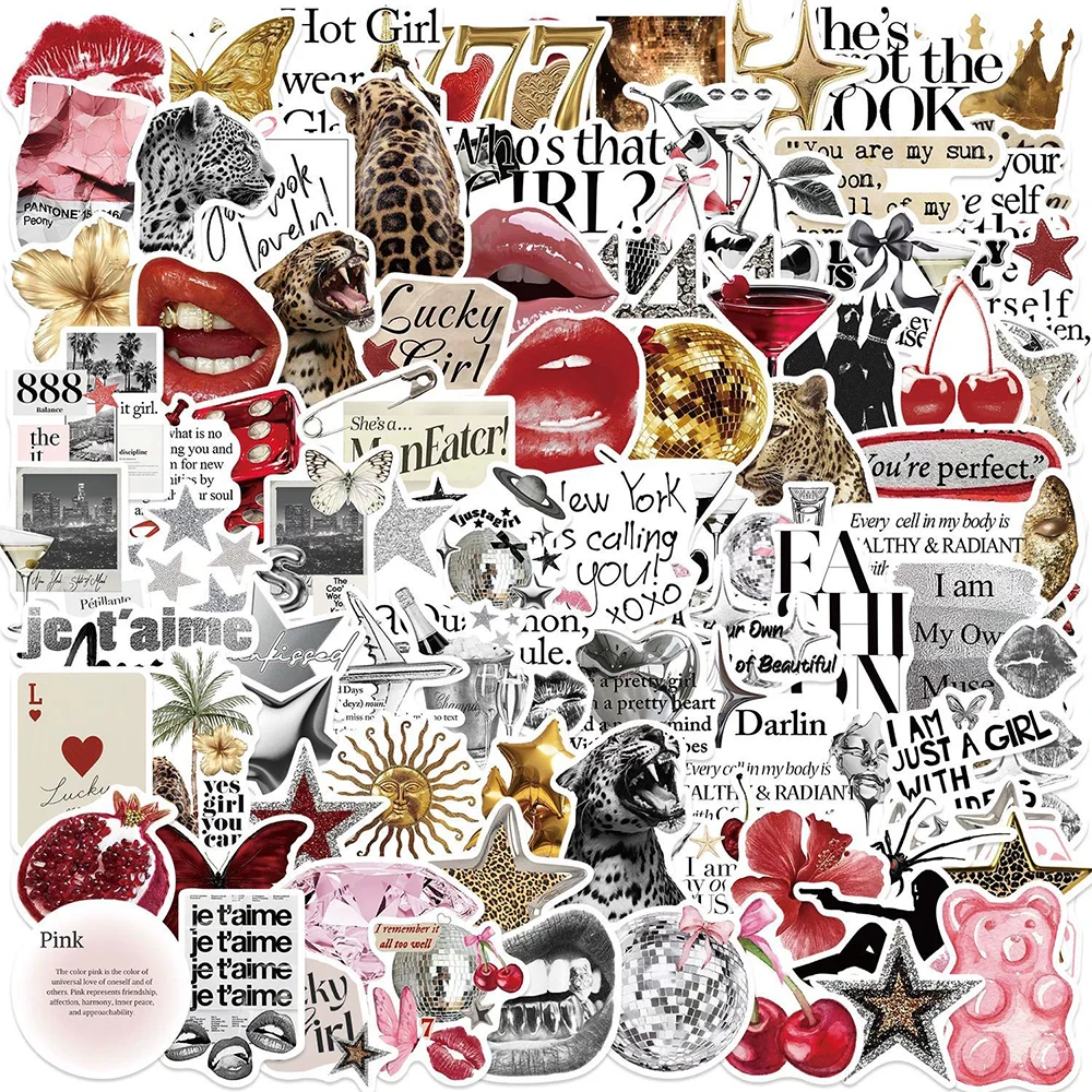 10/30/50/100 Stück Niedliche Cartoon Y2K Rot-Silber Glücksbringer Mädchen Aufkleber Ästhetische Abziehbilder DIY Laptop Handy Auto Gepäck Dekoration Sticker