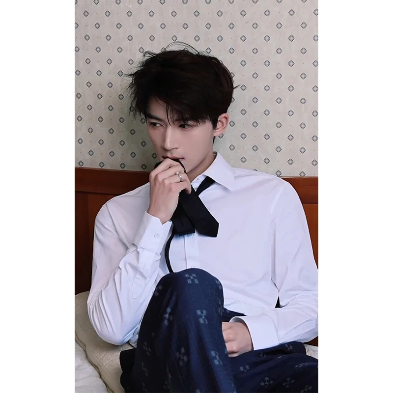 

Wang Xingyue Men's Long Sve irt with Tie White Pure Color Busin Casual Inner Wear Slim Fit Spring Faion Polyester