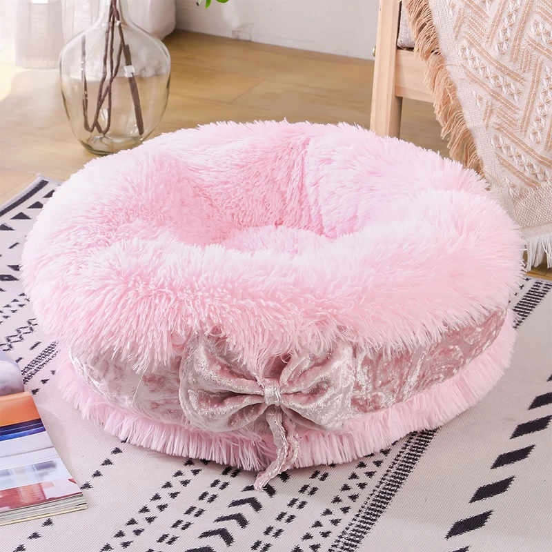 Warm Dog Bed Round Bow Cat Blanket Dog Bed Luxury Fluffy Soft Blanket Medium Semi-Enclosed Pet Pad Plush Cat Bed Cute Dog House