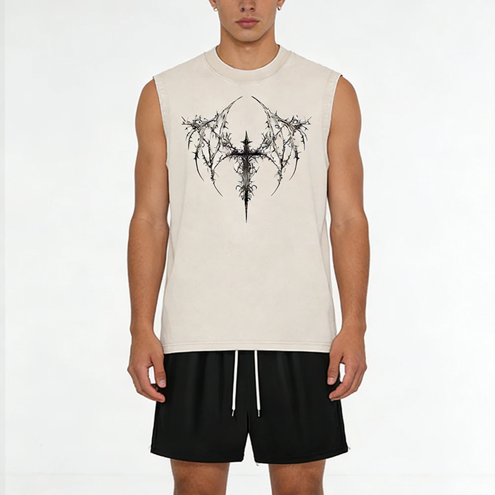 

Mens Harajuku Style Set Washed Retro Distressed Tank Top & Double-Layer Casual Shorts Cross Thorns Vines and Wings Graphic Print