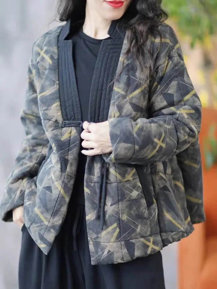 

Thiened V-ne Cotton Jaet Women's Winter Faion Artistic Print Sandwich Cotton Retro Button-up Coat Chinese Sle