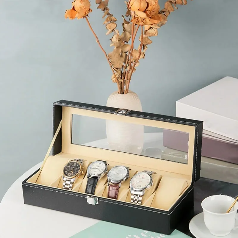 Stocking Stuffers PU Leather Watch Box, Transparent Lid Display Case with Soft Interior, Multi-Drawer Organizer for Watch & Jewe