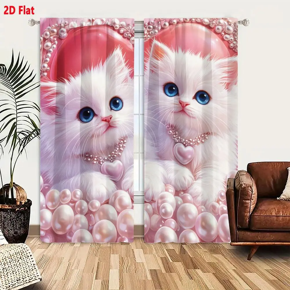 2Pcs Curtains 2D Flat Adorable Fluffy White Kittens With Blue Eyes Pink Noses Pearl Necklaces Heart Pendant In Front Of Pink Hea