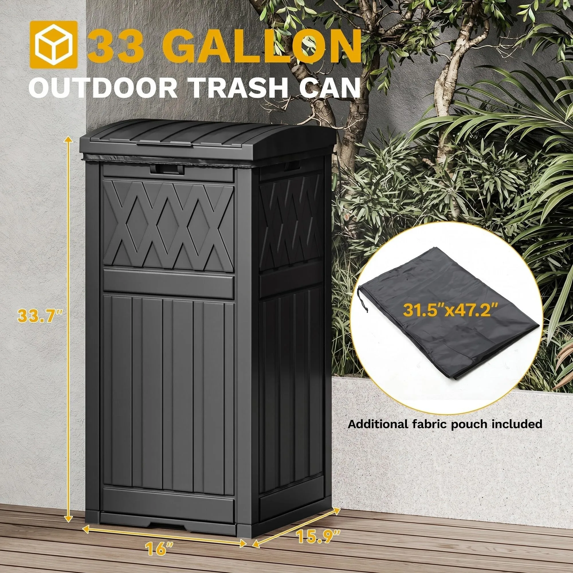 33 Gallon Waterproof Resin Outdoor Trash Can with Fabric Bag, Tiered Lid & Drip Tray Garbage Bin for Patio, Kitchen, Deck & Backyard