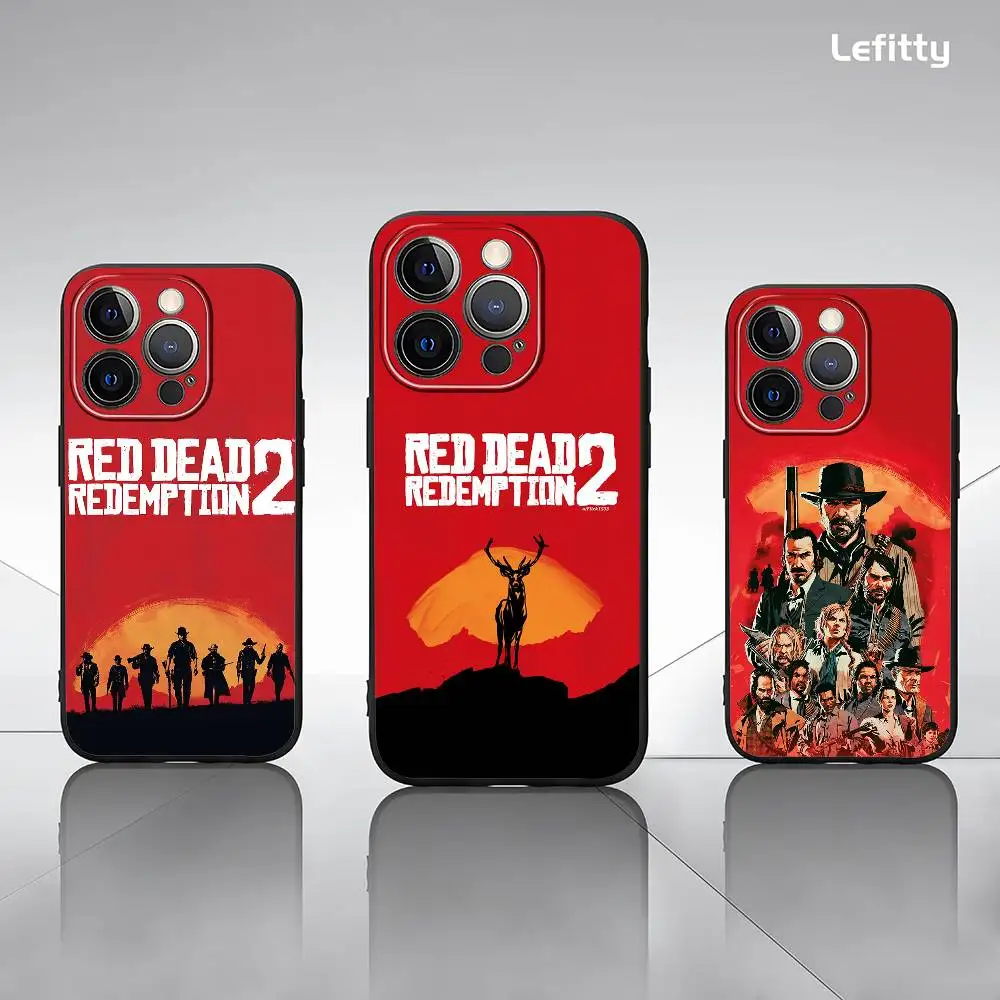 حافظة هاتف رائعة R-RDR2 لهاتف آيفون 16 15 14 13 برو ماكس بلس ميني أسود بلوري ناعم شل فوندا