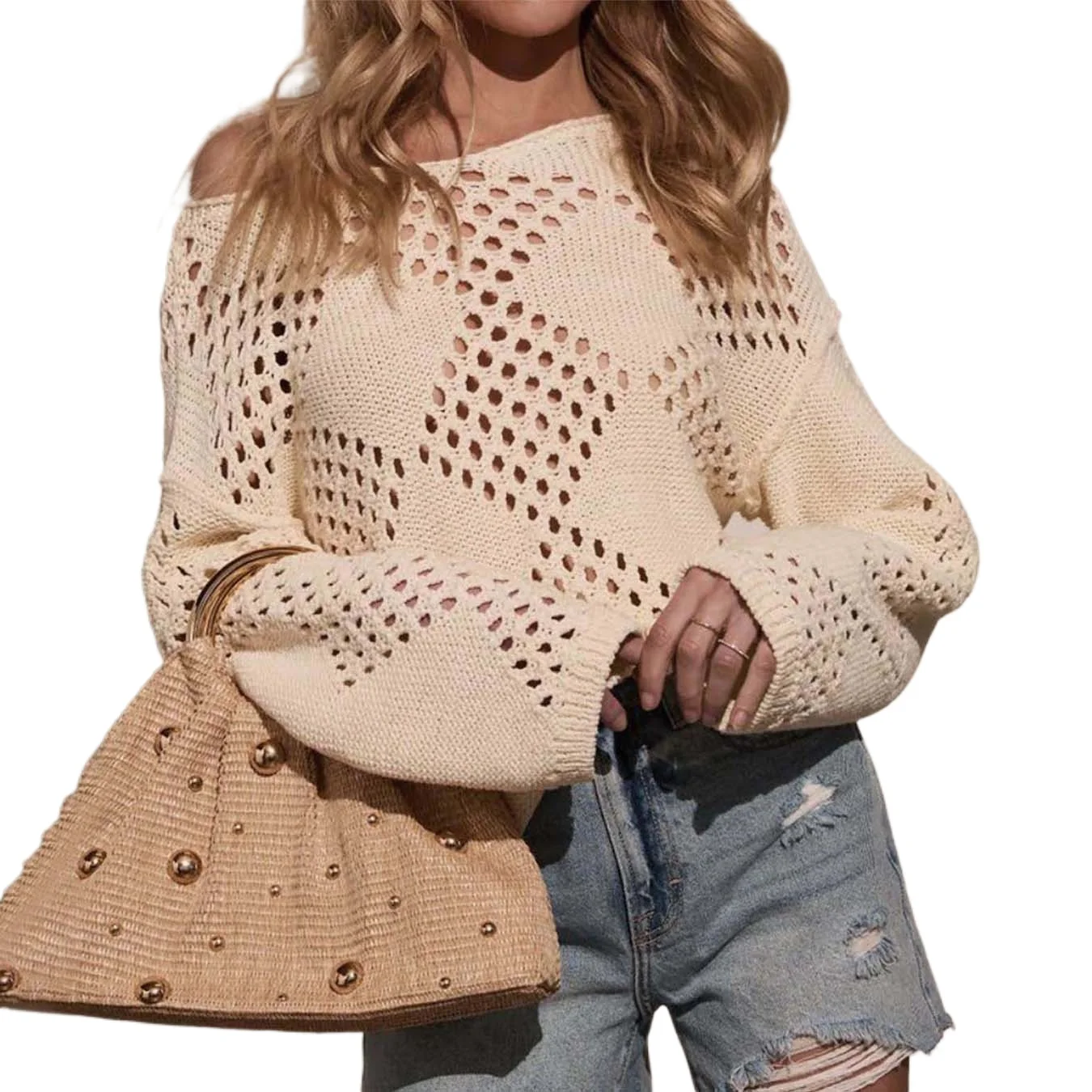

2025 autumn new cross-border Amazon TEMU women's clothing hollow one-word collar off-the-shoulder long sleeves, knitted sweater