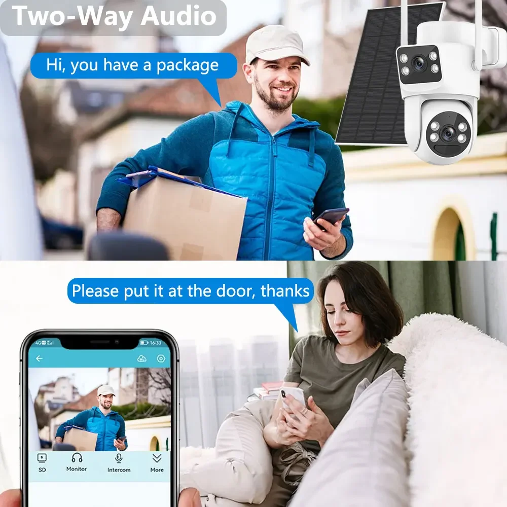 8MP 4K WiFi المدمج في بطارية تعمل بالطاقة عدسة مزدوجة في الهواء الطلق IP66 كاميرا مقاومة للماء PIR كشف الإنسان مع لوحة طاقة شمسية شحن PTZ