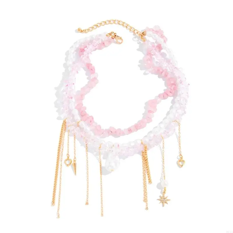 Lovely Pink Rock Bead Strand Necklace Featuring Pearls And Tassels 964A