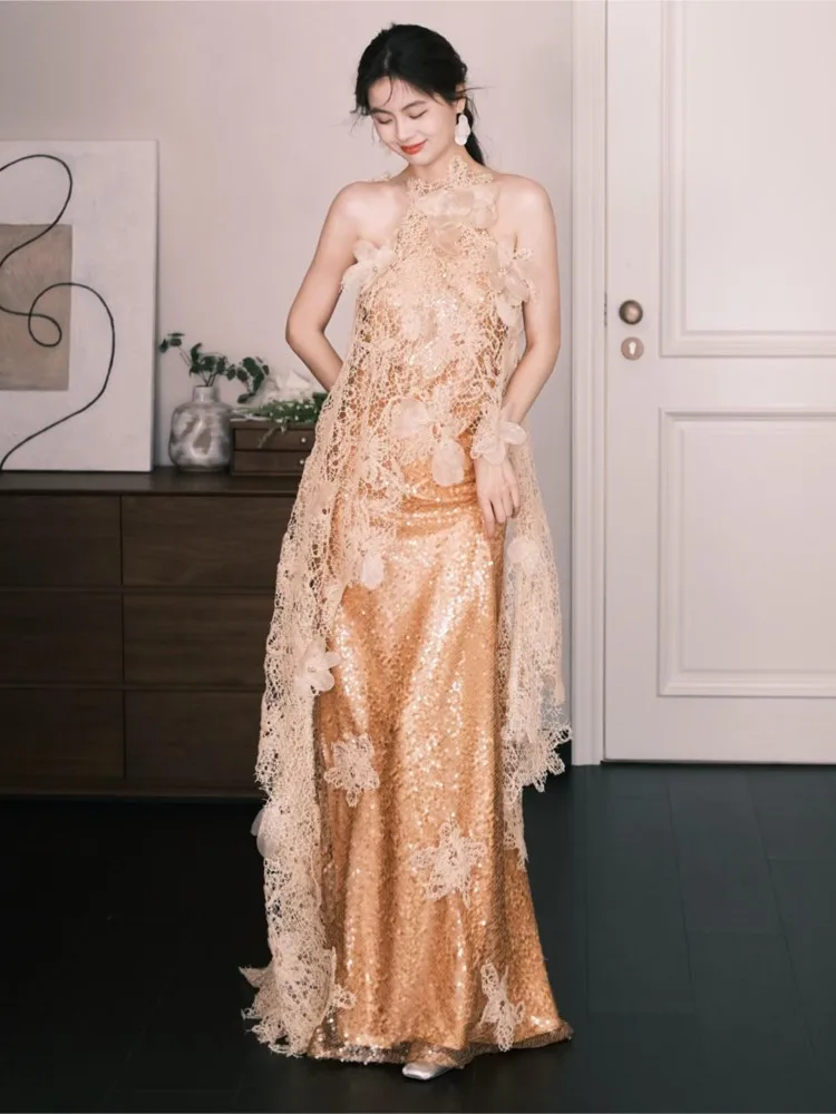 New Chinese-style halter-neck morning robe for brides engagement and wedding dress return home toasting
