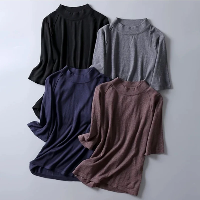 Birdtree, 85% Silk 15% Cashmere Blouse, O-neck Short Sleeve Shirt, Women Knitted Warmth Undershirt, 2026 Winter New T69030JF