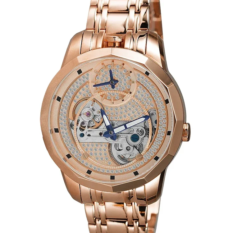 

Rose Gold Bling Hollowed Out Diamond Dial Luxury Watch Dual Movement Luminous Mens Watch Stainless Steel Mechanical Watches