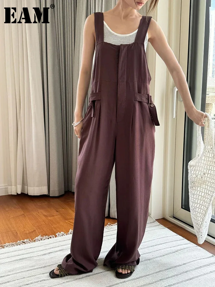 

[EAM] Women Navy Blue Buutton Big Size Long Jumpsuit New High Waist Pocket Stitch Pants Fashion Tide Spring Autumn 2024 1DH6057