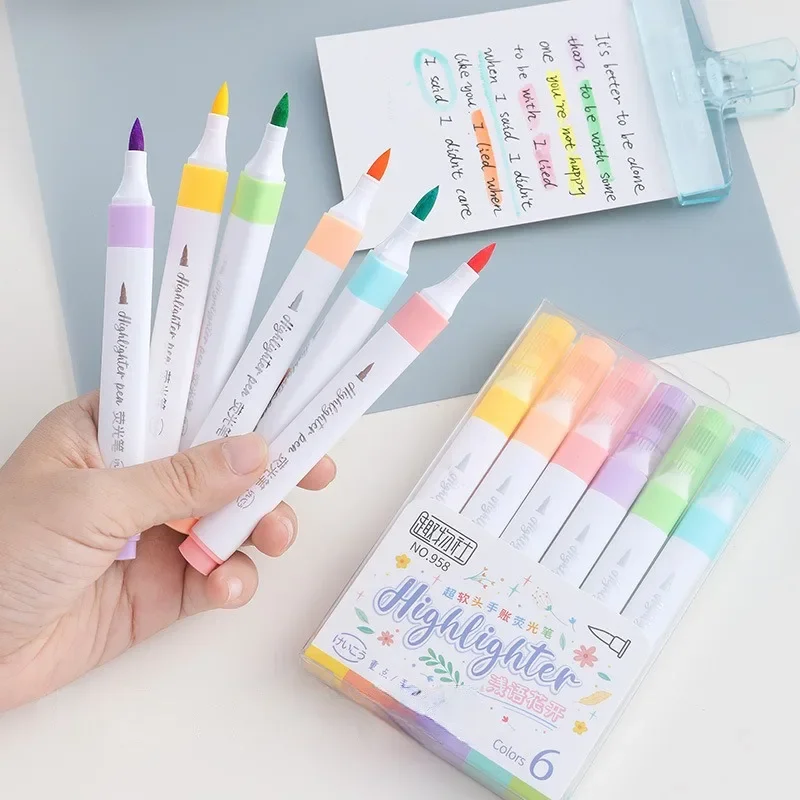 6 Colors Pastel Color Highlighter Pen Set Brush Fluorescent Markers Highlighters Pens Art Marker Japanese Cute Kawaii Stationery