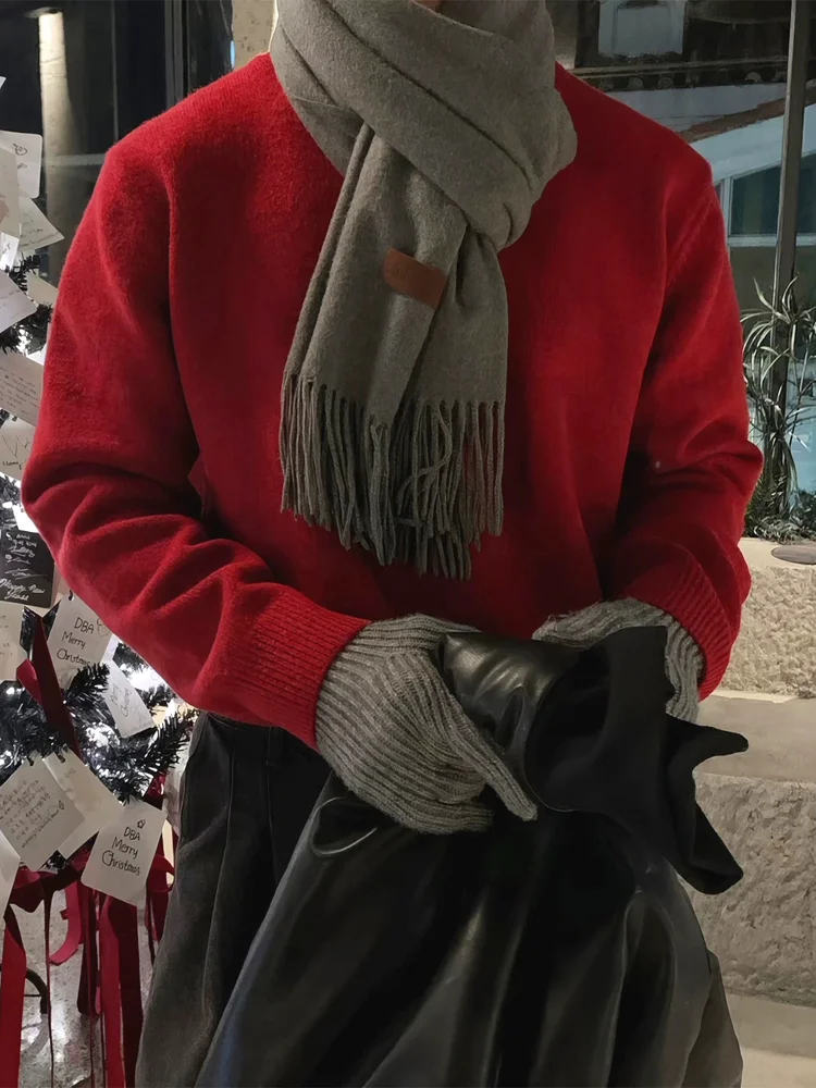 

Red Knitted Wool Sweater Men's Slim Fit Long Sve Crew Ne Sweatirt Korean Sle Core Spin Yarn American Aosphere Feeling