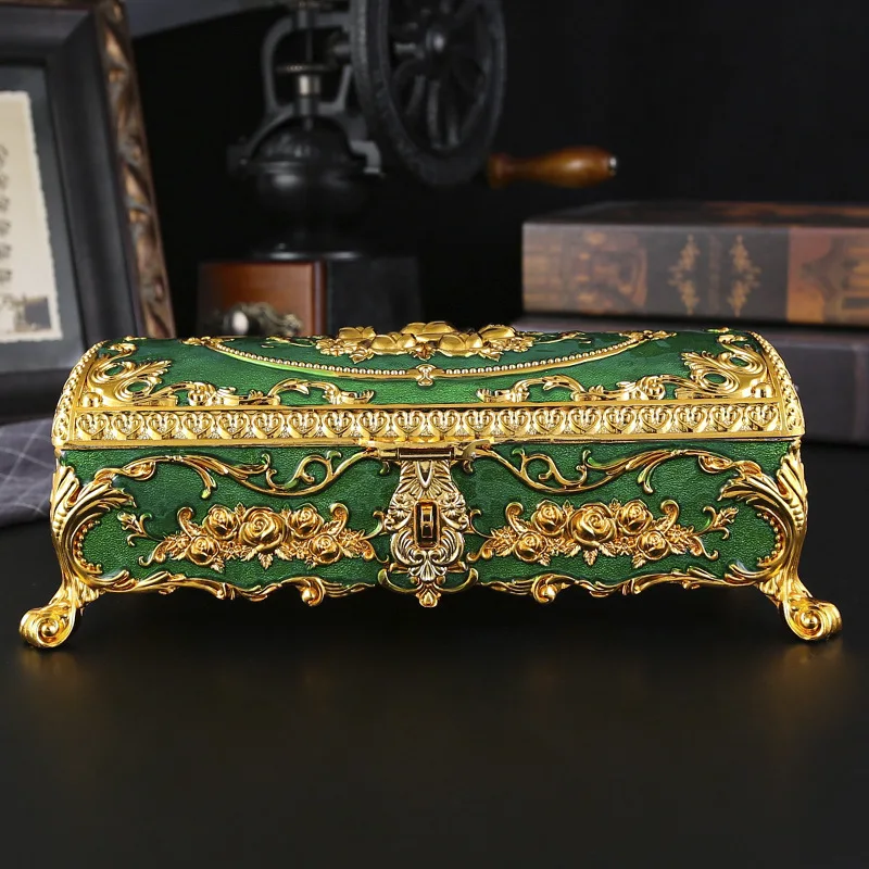 Retro Zinc Alloy Rose Jewelry Storage Box Creative Metal Rectangle Trinket Ring Necklace Organizer Storage Box