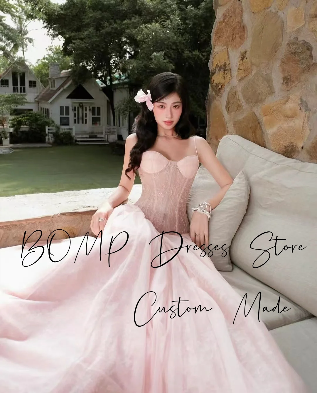 BOMP princesse bébé rose robe de mariée sans bretelles a-ligne longueur de plancher Tulle corée séance Photo robe de réception de mariée personnalisée