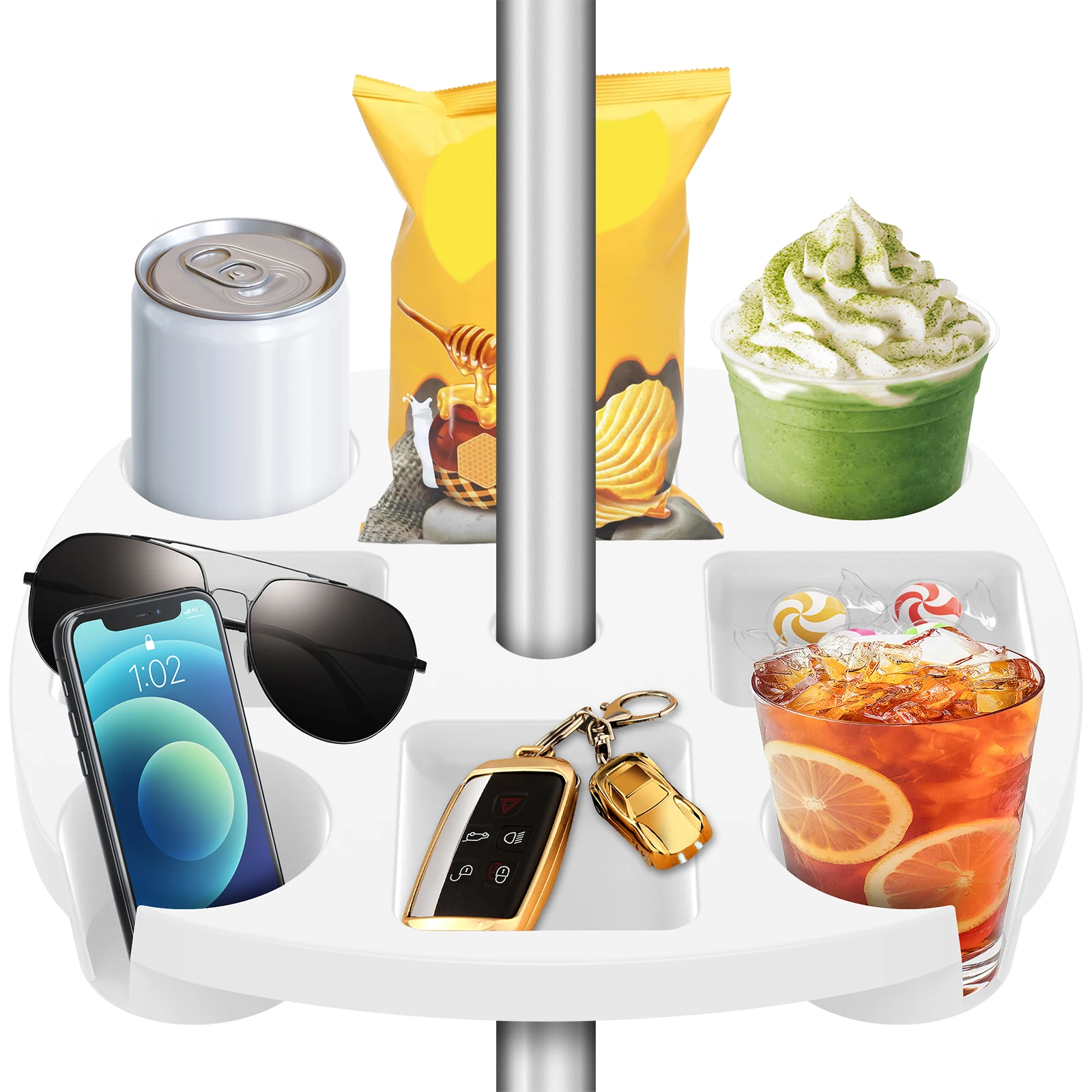 Umbrella Table Tray with 4 Cup Holders and 4 Snack Compartments Fit 38mm Umbrella Pole in Diameter Adjustable Umbrella Table