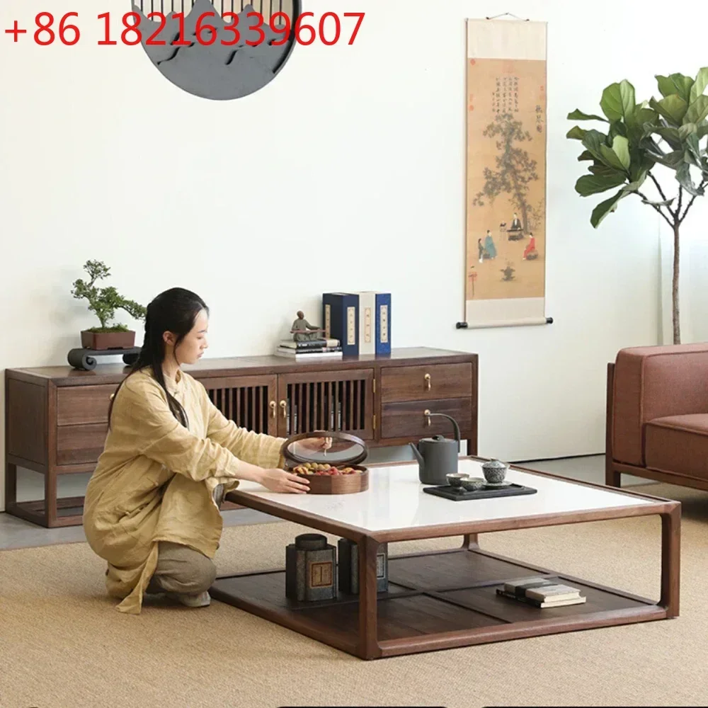Solid Wood Marble Tea Table Square New Chinese Style Large Apartment Nordic Living Room Log Low Table