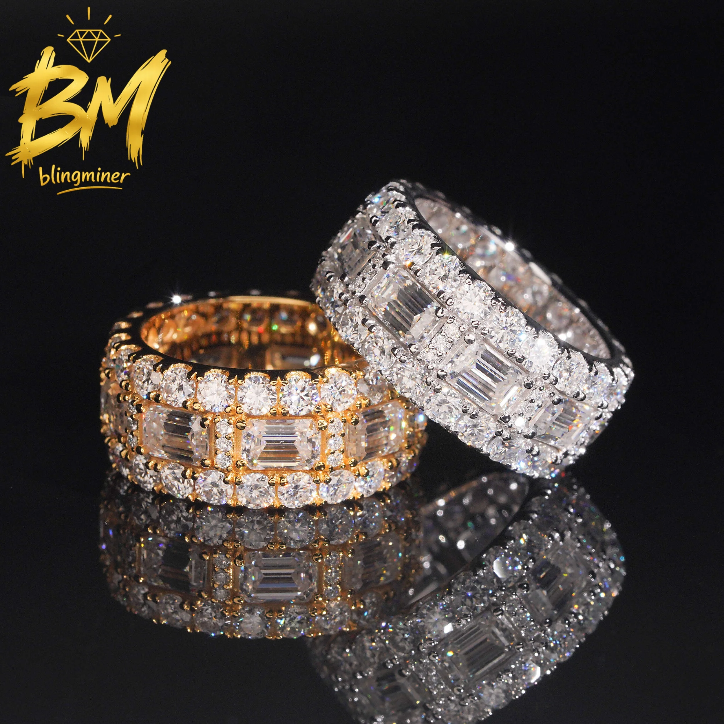 Blingminer Hip Hop Emerald VVS Moissanite Rings For Men Women S925 Silver Finger Jewelry Pass Diamonds Tester GRA Free Shipping