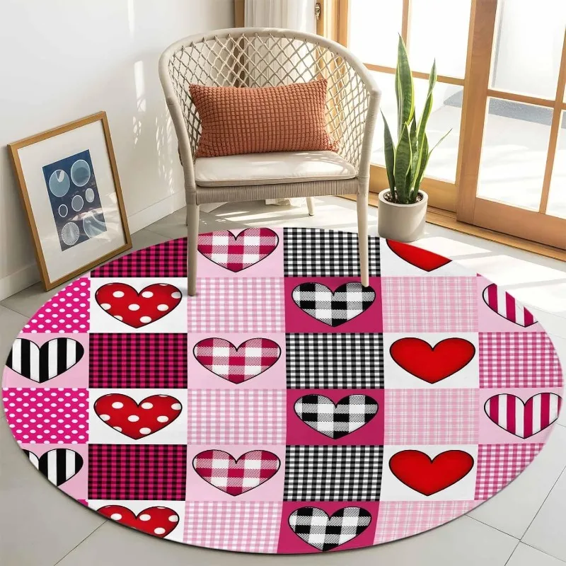 Heart Print Round Rug Pink Leopard Print Modern Girly Art Home Decor Carpet Soft Non-Slip Mat Living Room Valentine's Day Decor