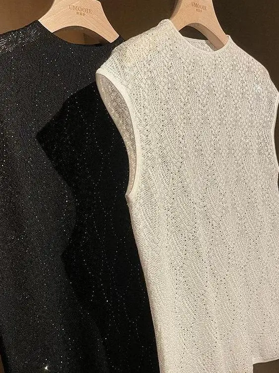 Spring Summer Women's Loose Fit Short Sleeve T-Shirt Style Silk Knitted Top Thin Vest Versatile Casual round Neck Tank Top