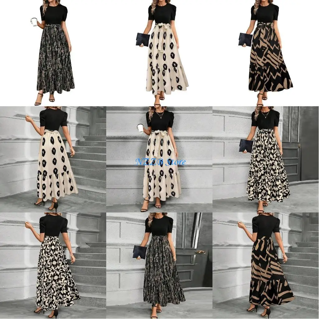 فساتين T21F للنساء فستان طويل كاجوال واسع من الزهور وفساتين شاطئ أنيقة على الخصر