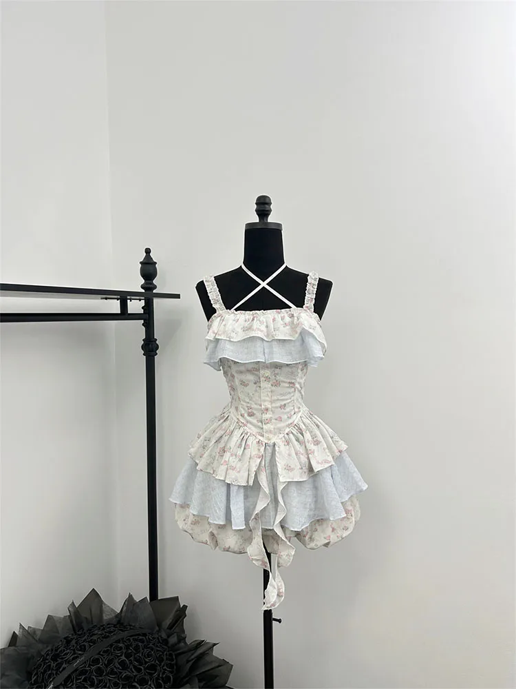 Summer Women Korean Vintage Ballet Core 2000s Party Rave Y2k Outfits 2 Piece Set Mori Girl Floral Fairy Dress + Cute Mini Shorts