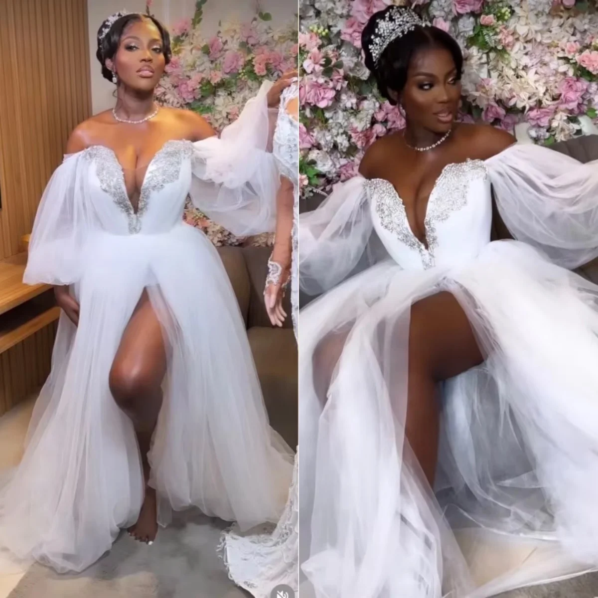 White Bride Robes for Wedding Off Shoulder Long Sleeve Side Split Tulle Crystal African Customized Bridal Shower Dresses