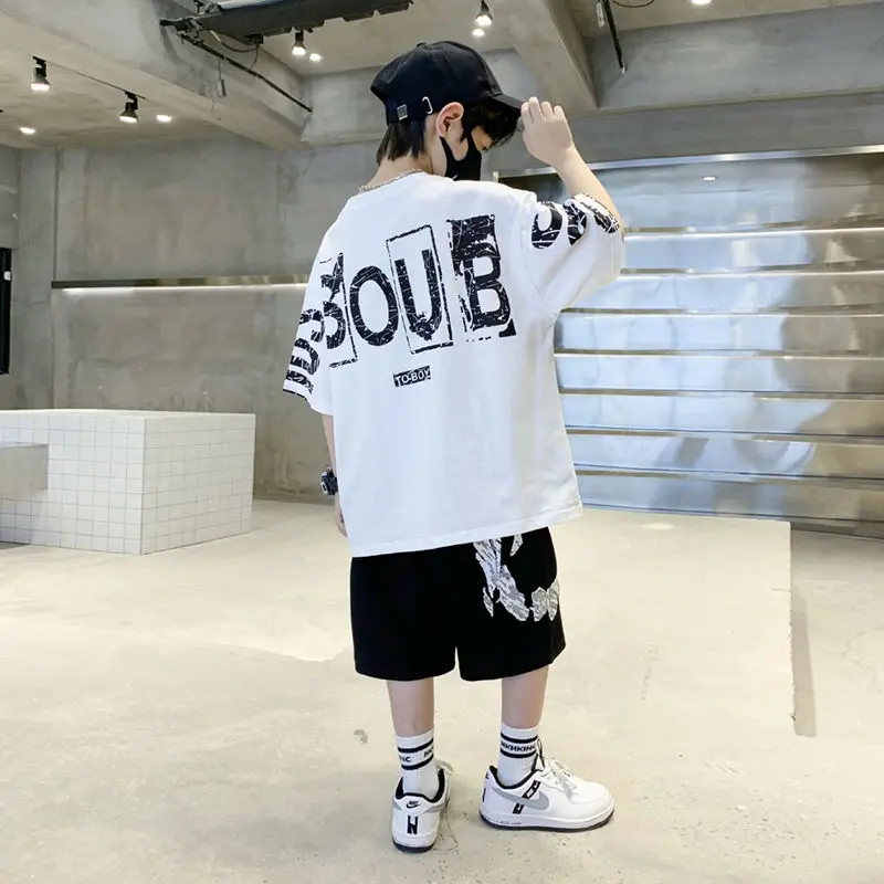 Boys Summer Trendy Casual Sports 2pcs T-shirts+Pants Suits 3-14 Years Teenage Boys Hip Hop Style Fashion Outfits Clothes Sets