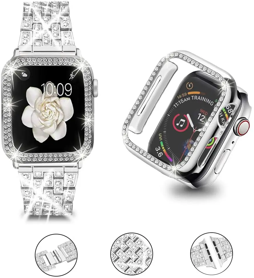 Correa de diamante de Metal y funda para Apple watch, pulsera de mujer para iwatch 8, 7, 6, 5, 4, 3, SE, 45mm, 44mm, 42mm, 41mm, 40mm, 38mm