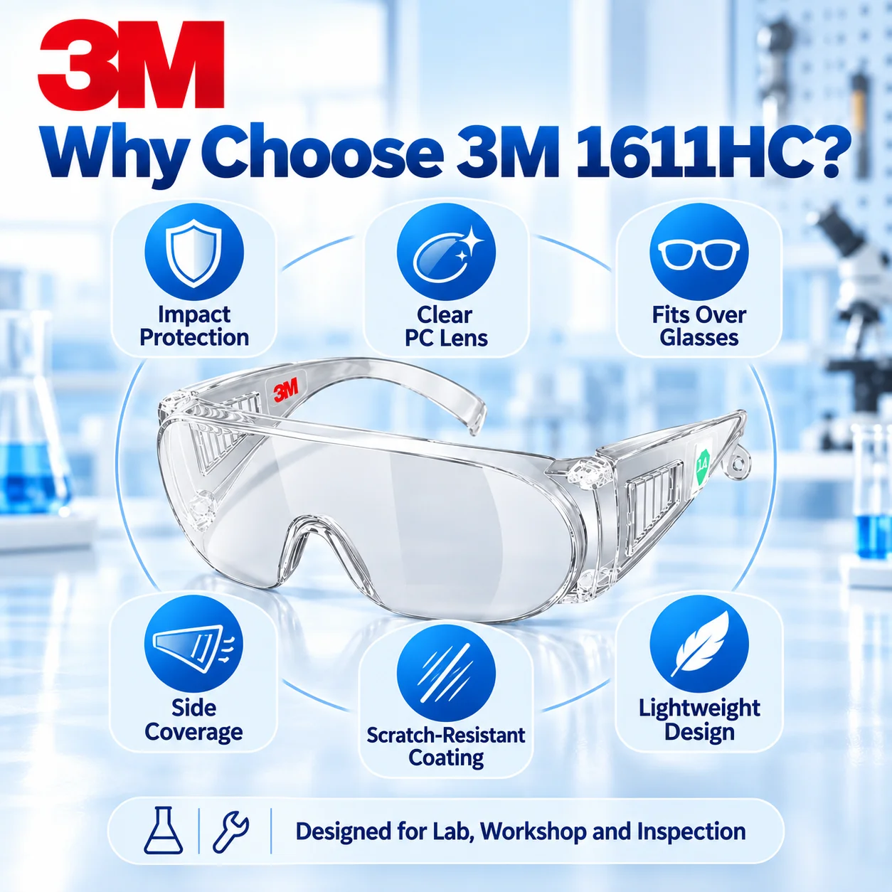 3M 1611 Protective Safety Glasses Clear PC Lens Impact Protection Over-Glasses Eyewear For Lab Workshop Workers 1 Pair