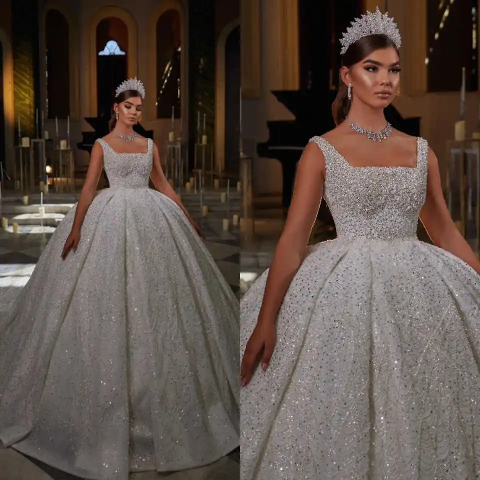 Charming Ballgown Wedding Dress Square Neck Sleeveless Sparkling Beaded Bridal Gown For Gala Nuptial Occasion Customized