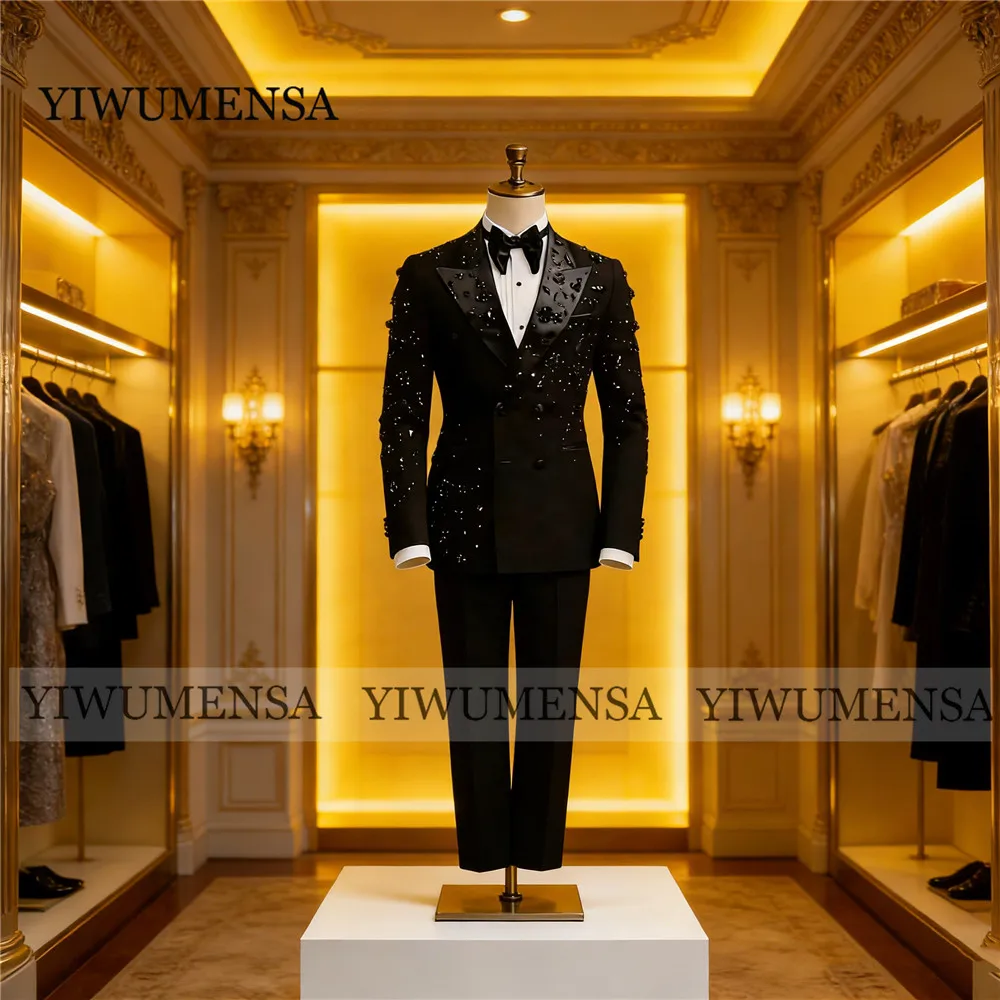 

Металлические ювелирные украшения, камни, декоративные элементы для мужского костюма, двубортный пиджак, брюки, комплект из 2 предметов, свадебный костюм для жениха, роскошный смокинг.