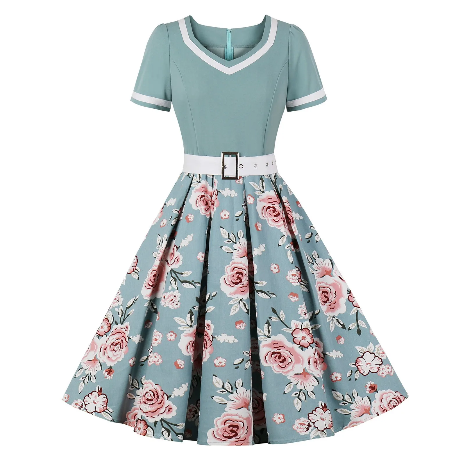 Vestido de fiesta Vintage de los años 50 y 60 para mujer, traje Rockabilly con cinturón, estampado de lunares, manga corta, Hepburn, de gran tamaño, 2024