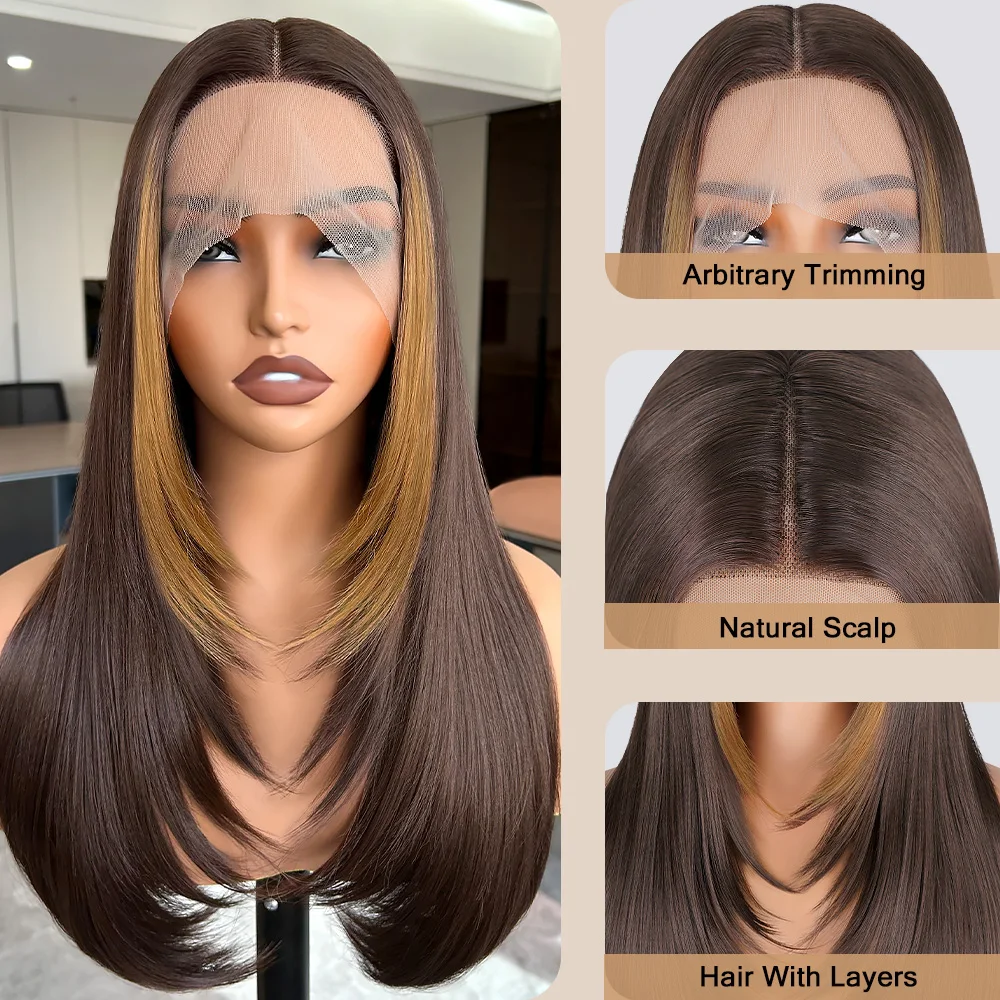 Chocolate Brown with Blonde Layered Straight Lace Front Wig Highlight Skunk Stripe Layered Cut Lace Wigs Synthetic Glueless Wig