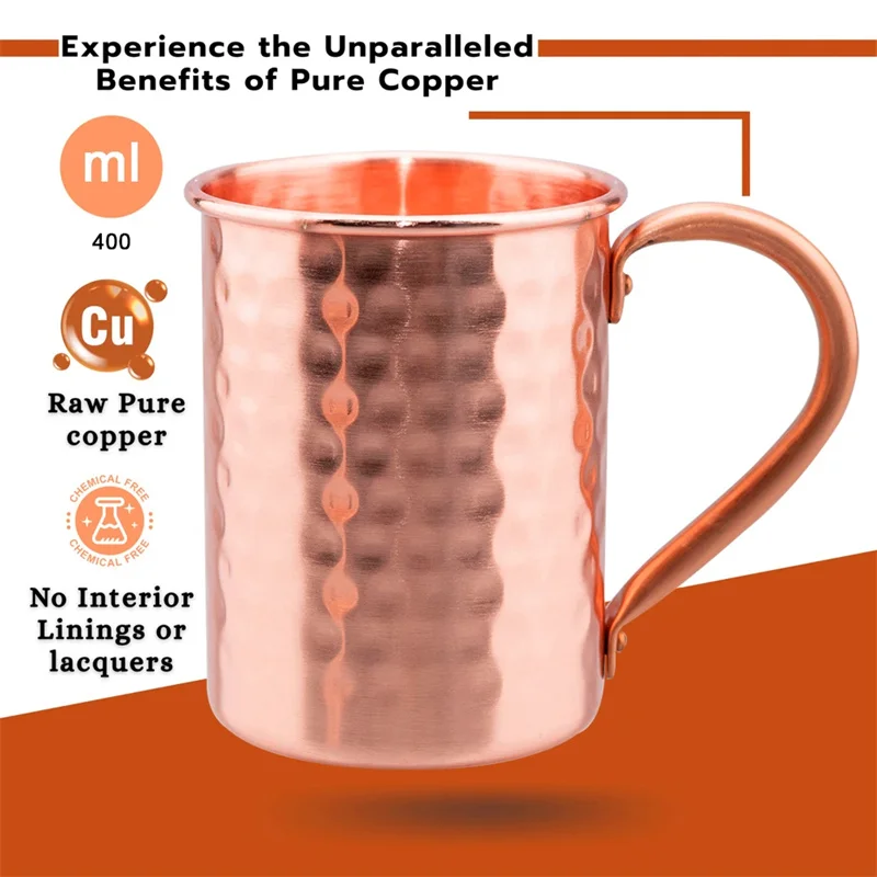 Retro Pure Copper 2 Cups, 2 Straws Set 400ml Solid Moscow Mule 100% Copper Cocktail Glass Beer Milk Mug Tea Tumbler Drinkware