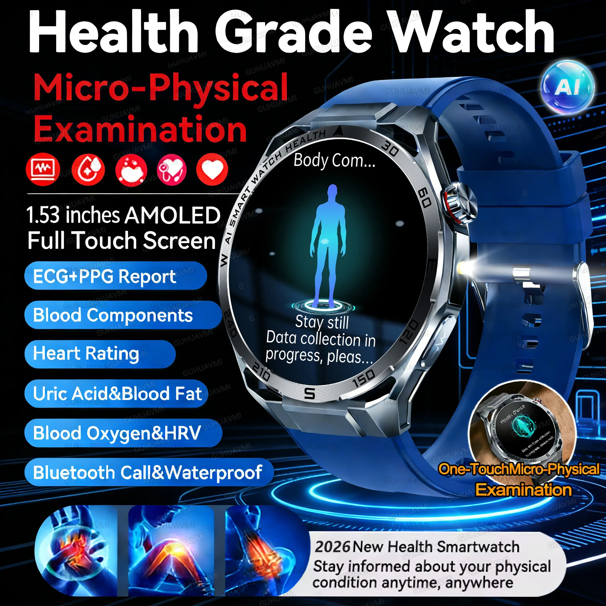 

2026 New AI Analysis Uric Acid & Lipid Health Smart Watch ECG+PPG Bluetooth Call 1.53-inch Flashlight Smart Watch For Men Women