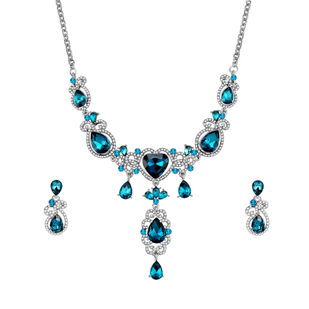 

1Set Blue Alloy Necklace and Earrings Set Luxury Rhinestone Choker Ear Pendants Party Supply Luxury Ear Dangler