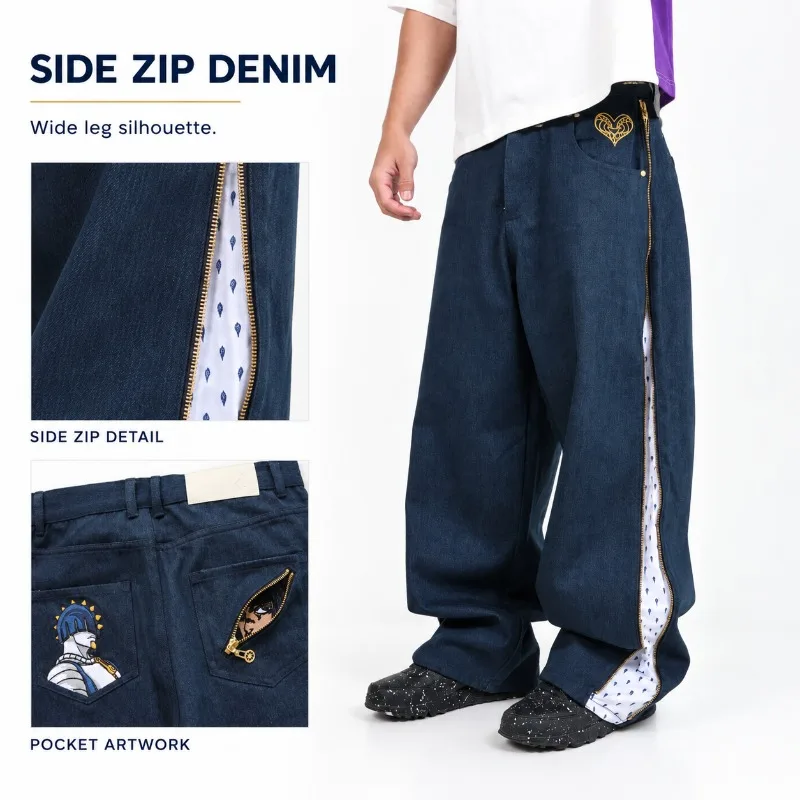 Y2K Mens Baggy Jeans Dark Blue Wide Leg Denim Pants Side Zip Design Anime Embroidered Pockets Loose Fit Casual Streetwear