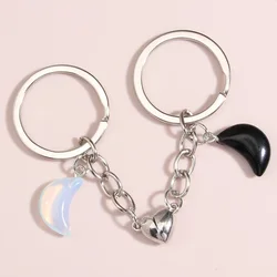 Enamel Keychain Moon Stone Key Ring Heart Magnetic Button Key Chains For Couple Lovers Handbag Accessorie DIY Jewelry Gifts