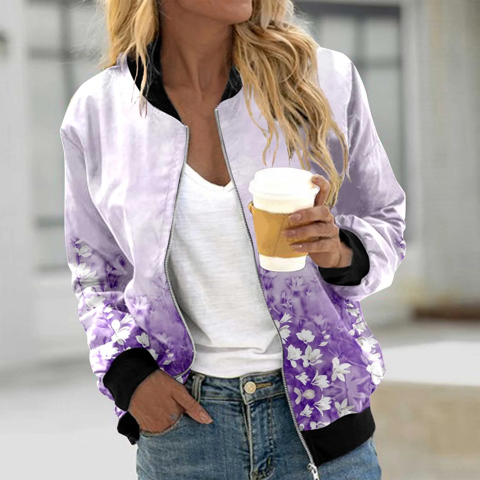 

Women's Autumn and Winter Casual Jacket Women's Fashionable Printed Zippered Long Sleeve with Pocket All-match Jacket Coat