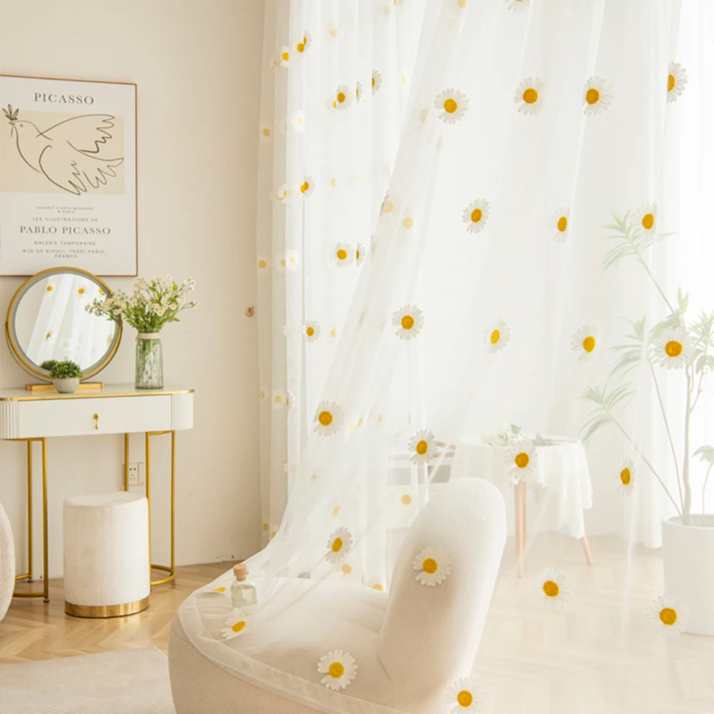 Nordic Style Daisy Print Sheer Curtains, Ideal Light Filtering for Bedroom & Living Room, Warm Atmosphere Window Decor